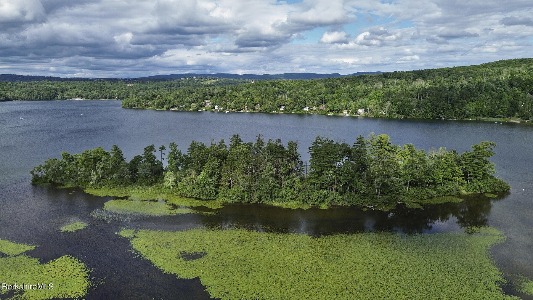 a view of a lake with a mountain in the background