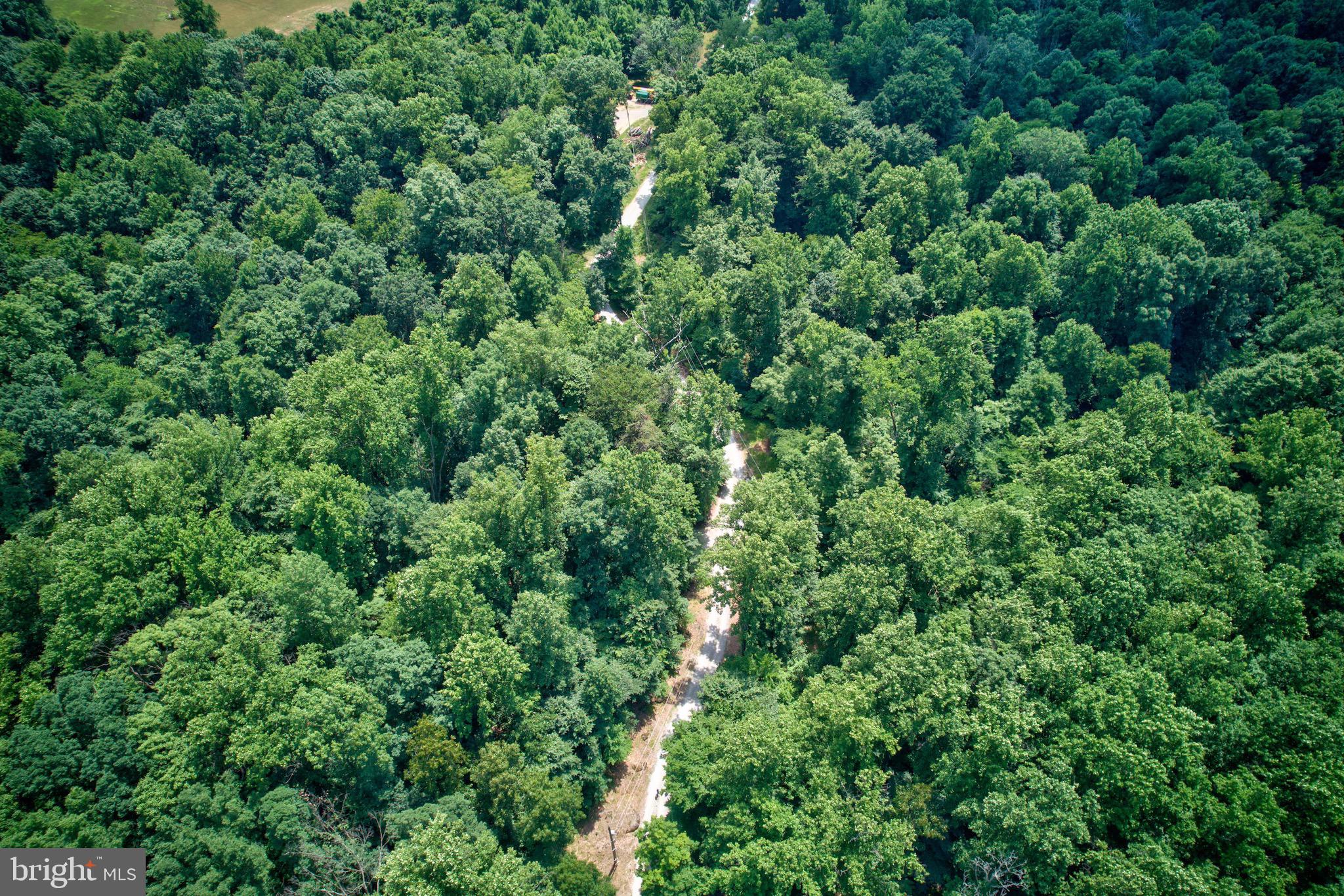 an aerial view of residential house with outdoor space and trees all around