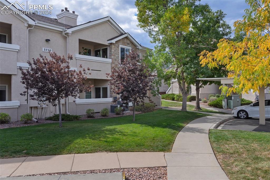 a front view of house with yard and green space