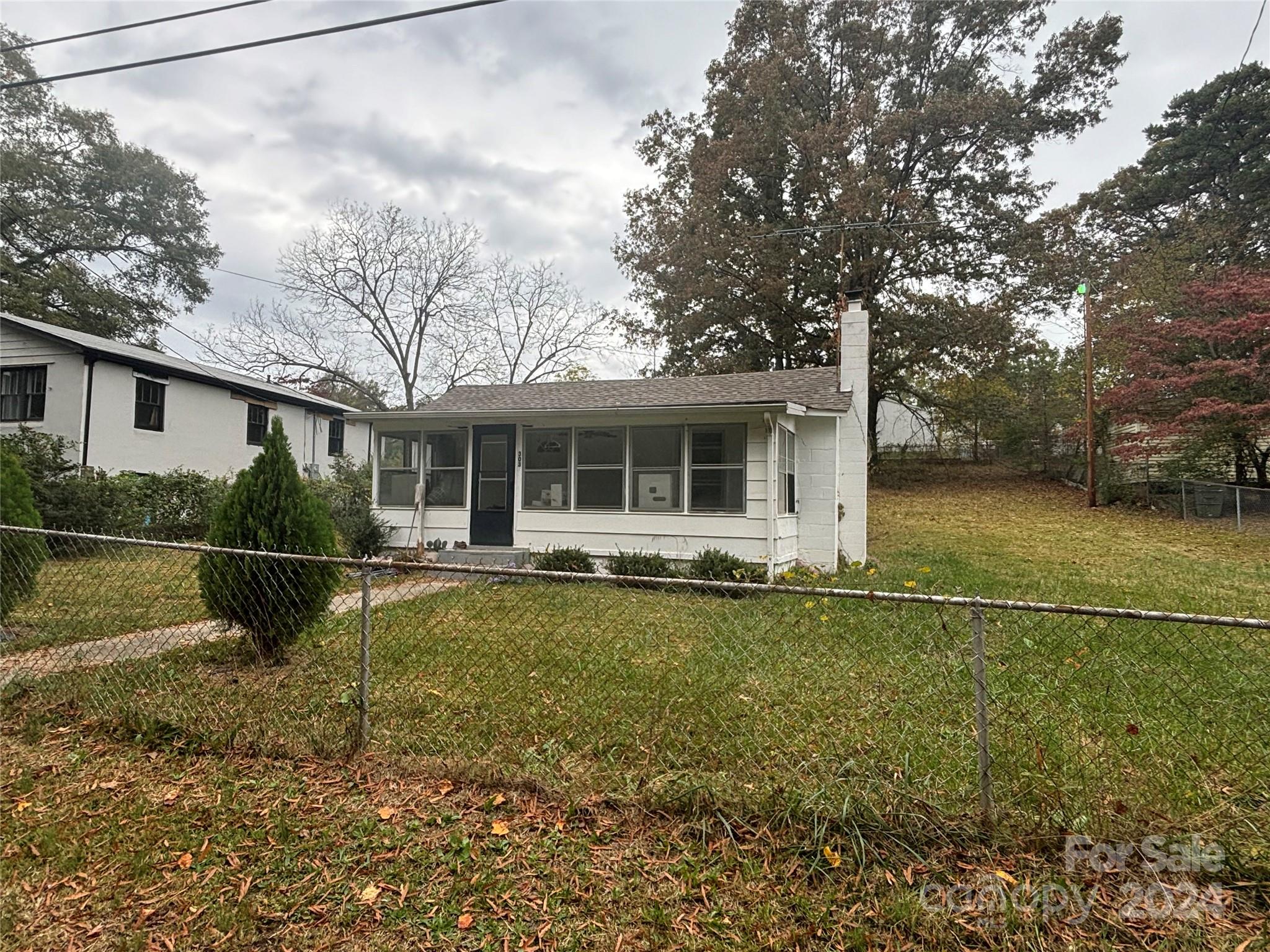 a backyard of a house with plants and large tree