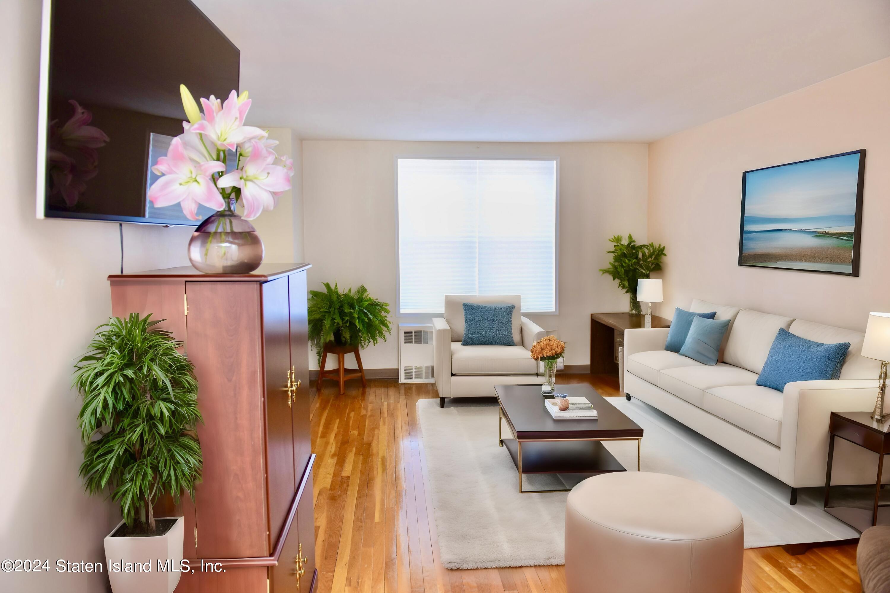 a living room with furniture and a potted plant