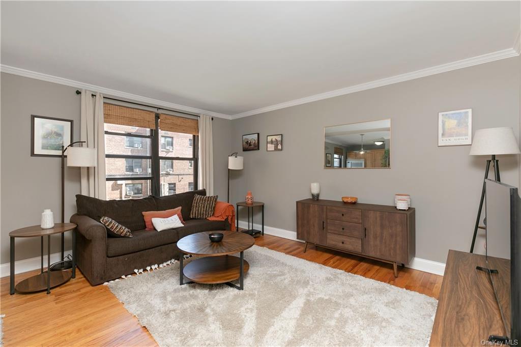 Living room featuring ornamental molding and wood-type flooring