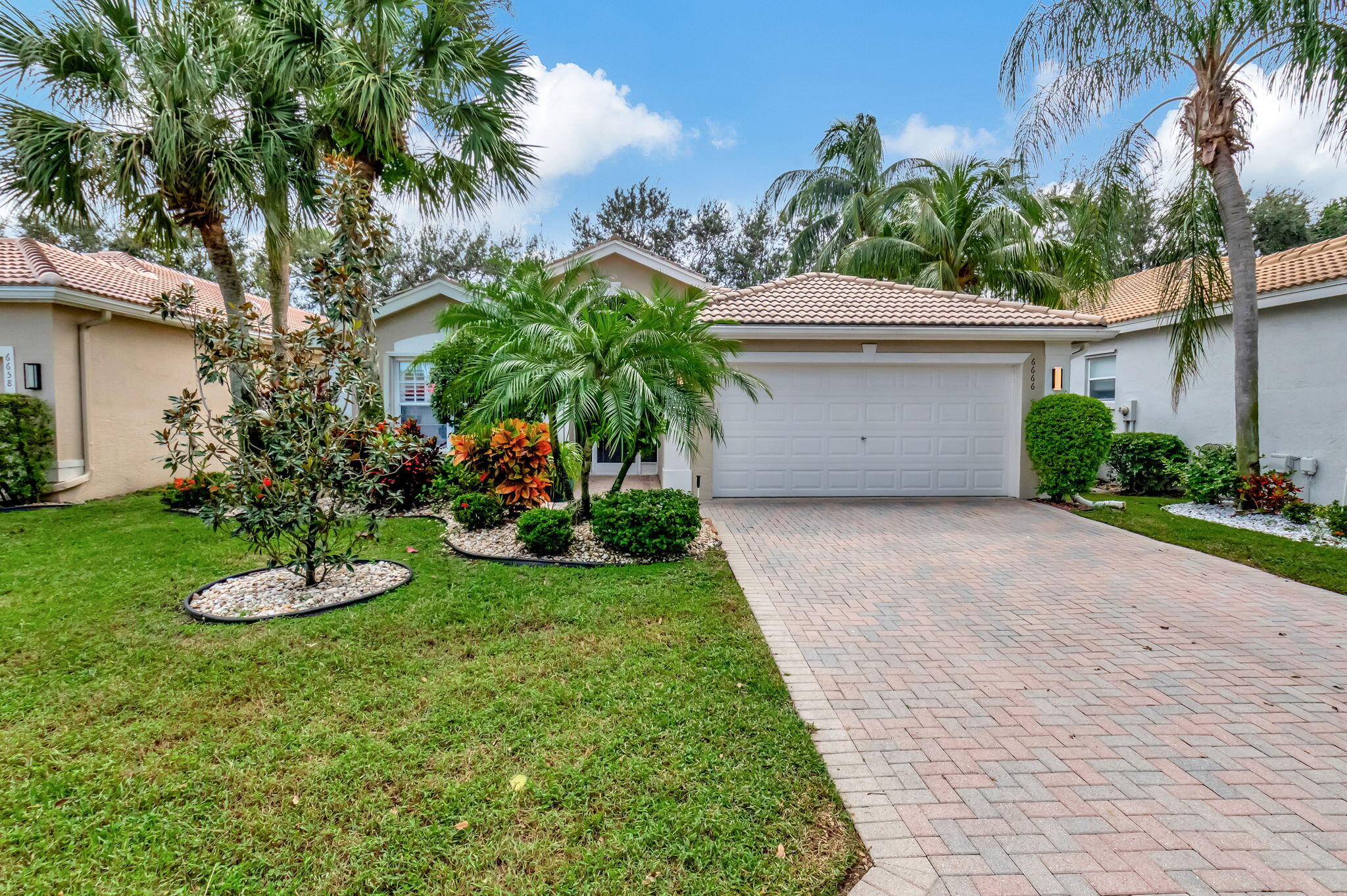 a view of a house with a yard and a palm tree