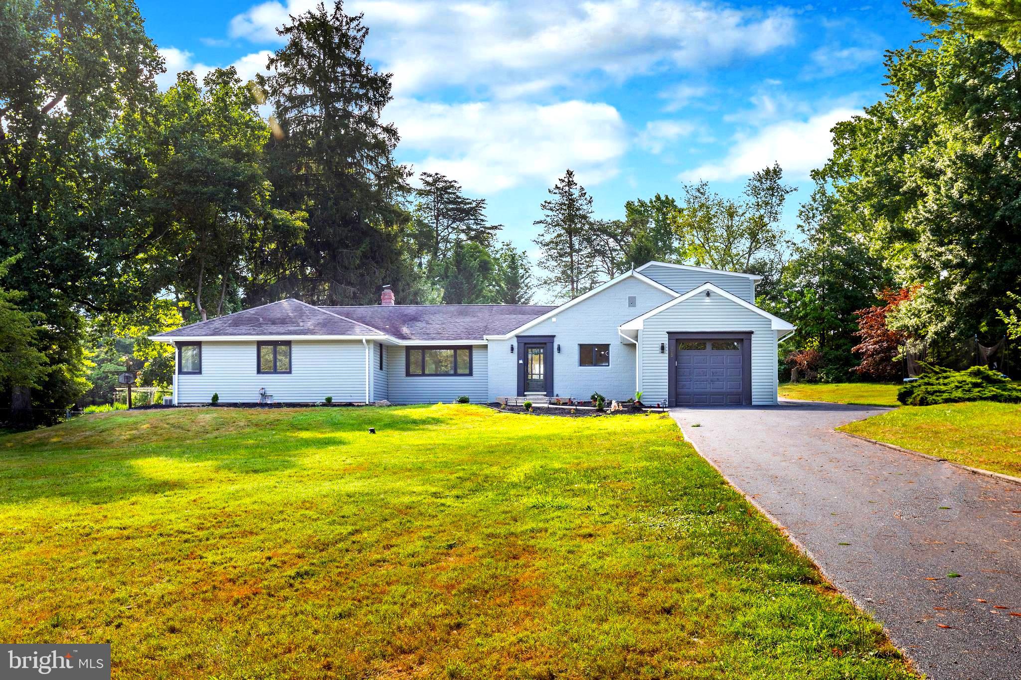 a front view of a house with yard and green space