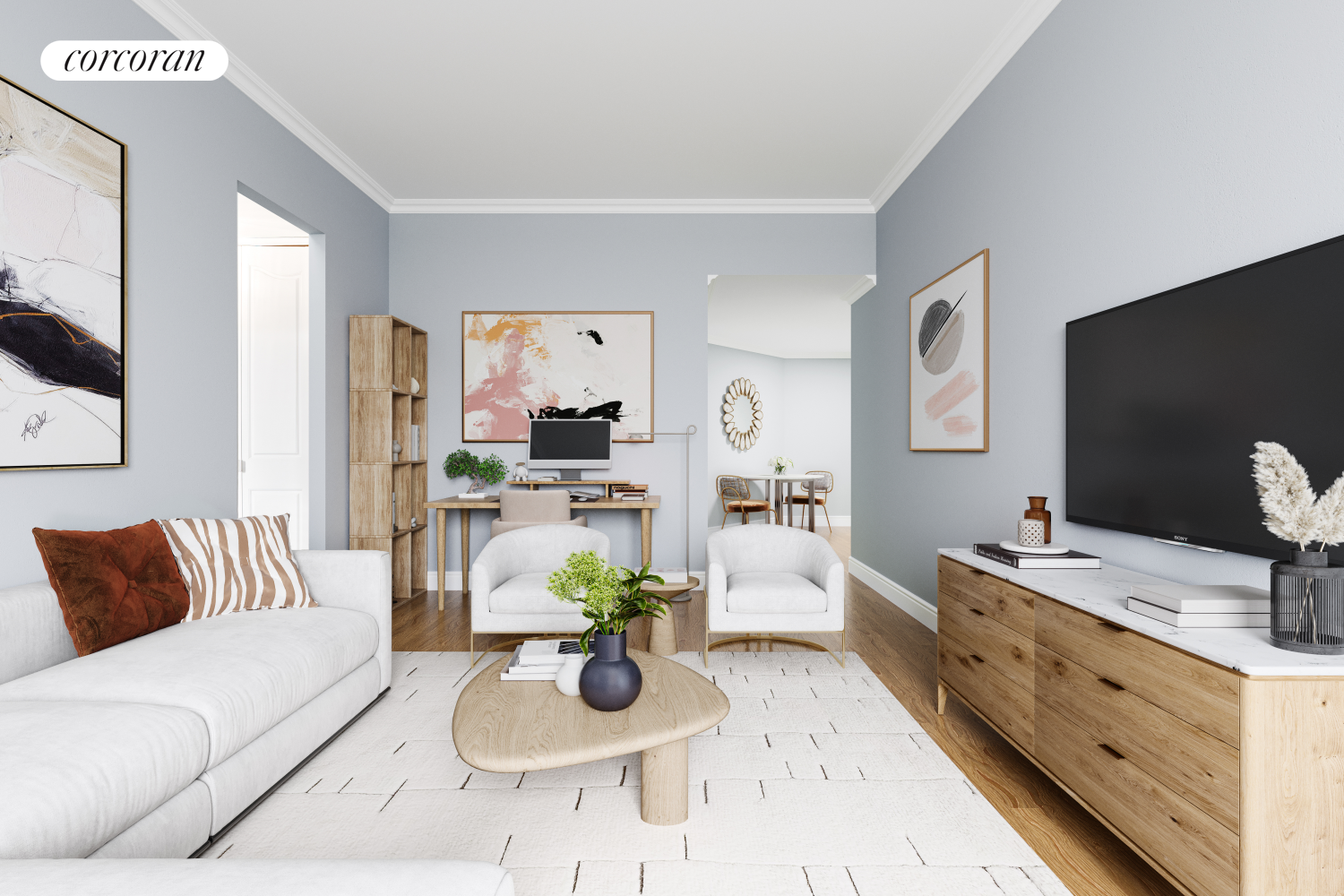 a living room with furniture and flat screen tv