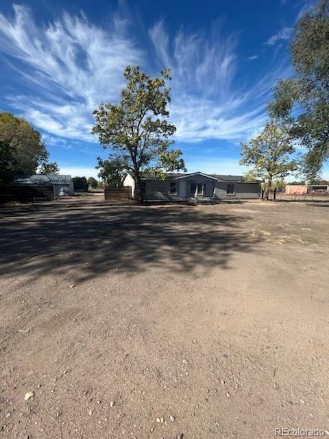 a view of a yard with a large tree