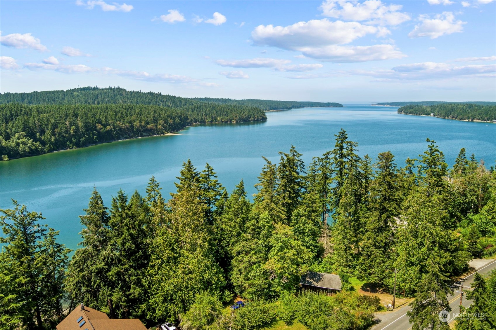 a view of a lake with a city