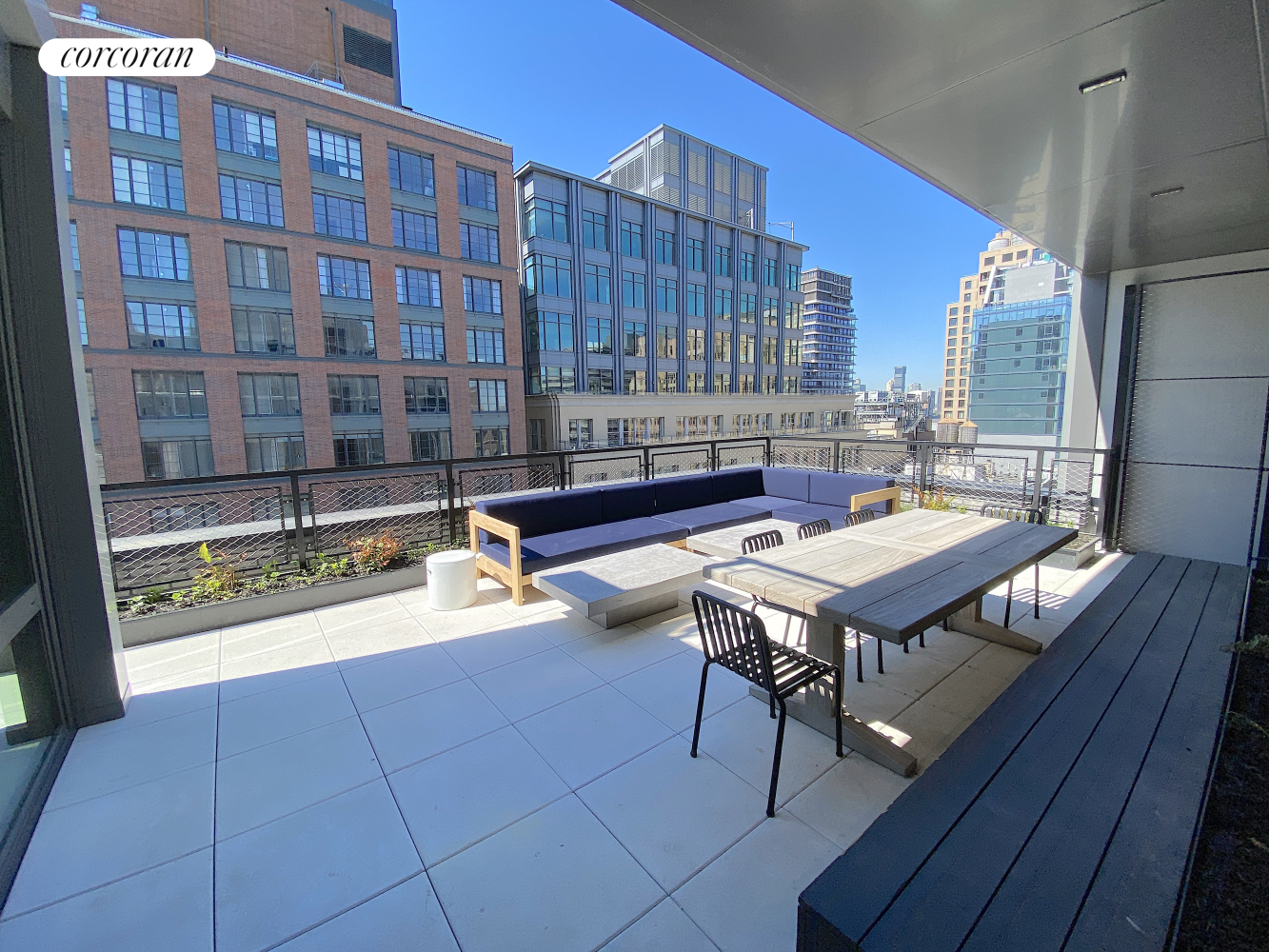 a swimming pool with outdoor seating