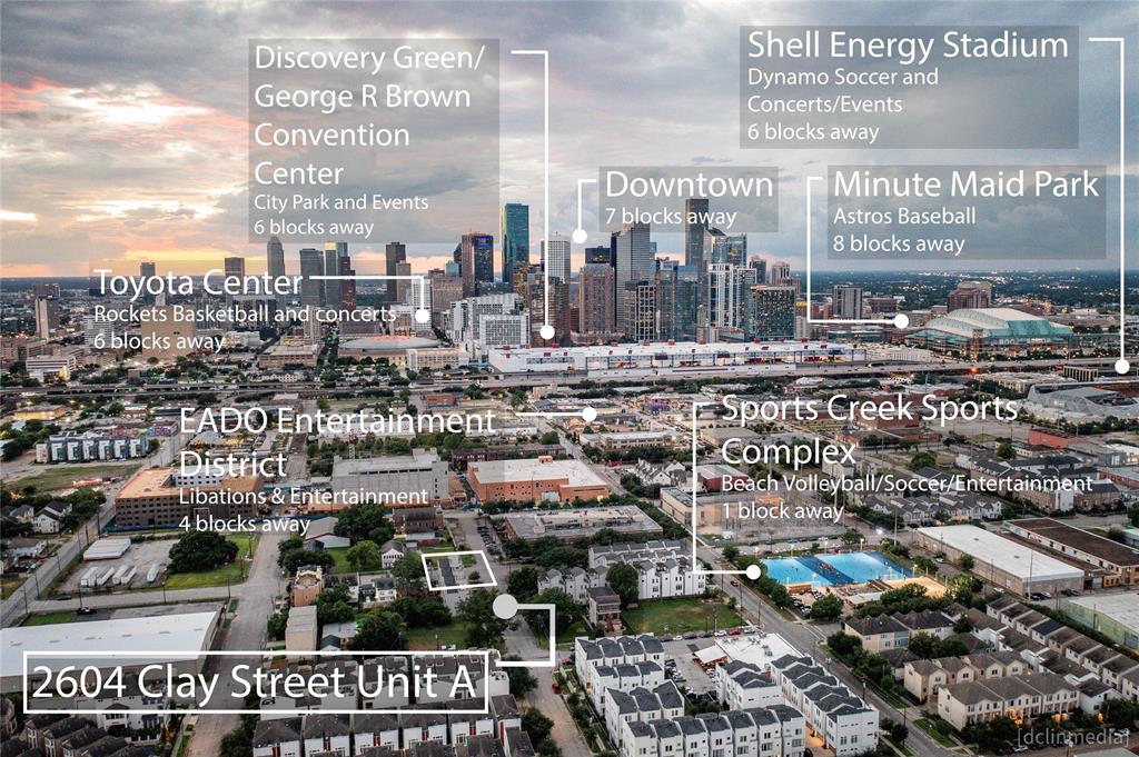 An aerial view of Minute Maid Park and the downtown skyline