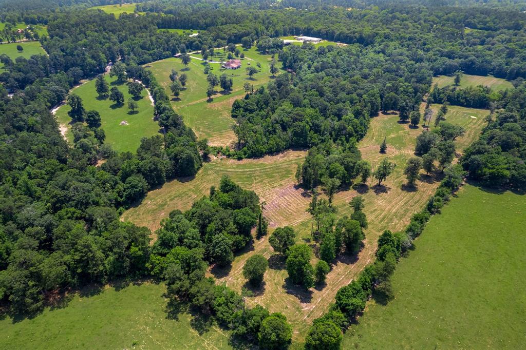 an aerial view of residential houses with outdoor space and trees all around