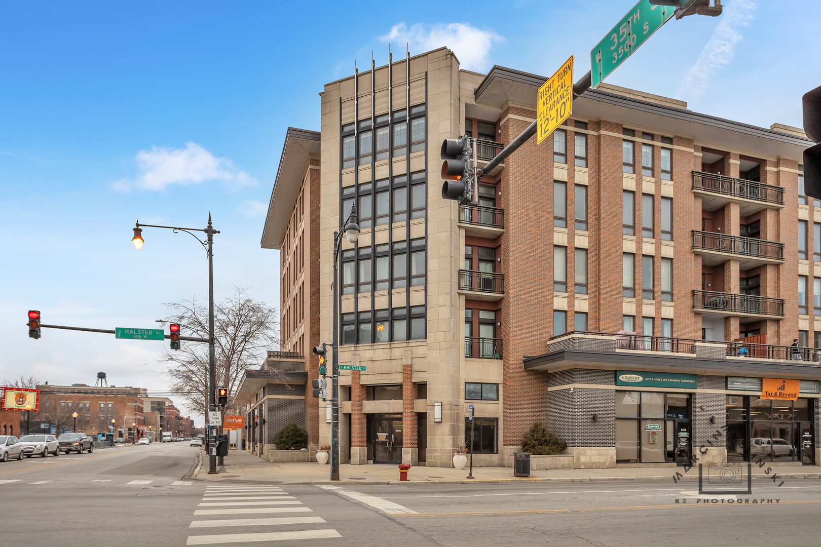 a view of a building and a street