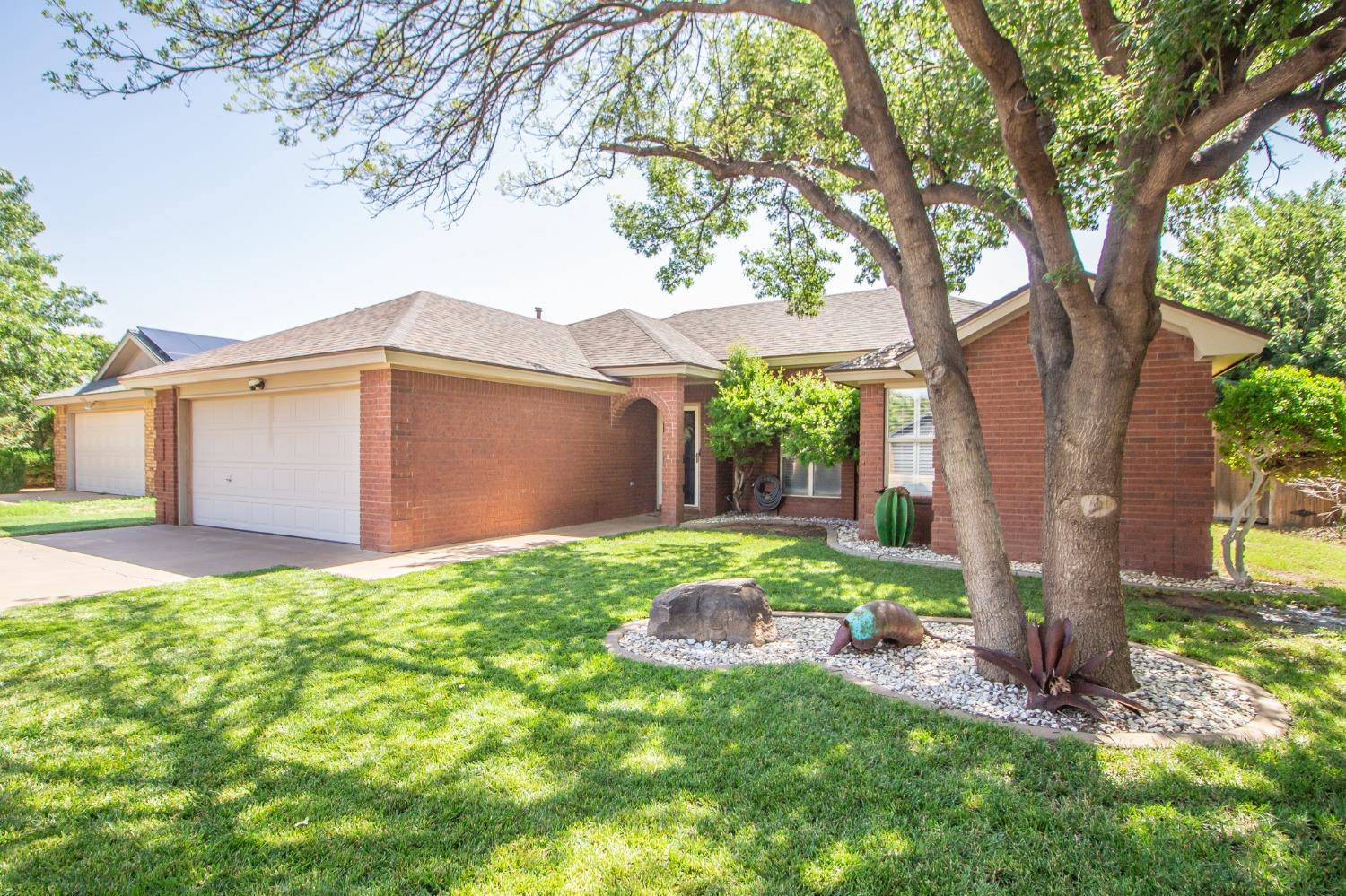 a backyard of a house with plants and large tree