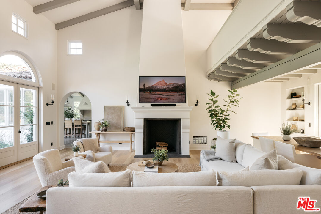 a living room with furniture a fireplace and a potted plant