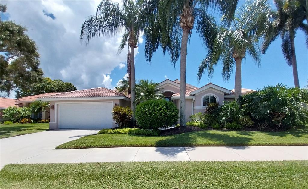 a front view of a house with a yard and palm tree