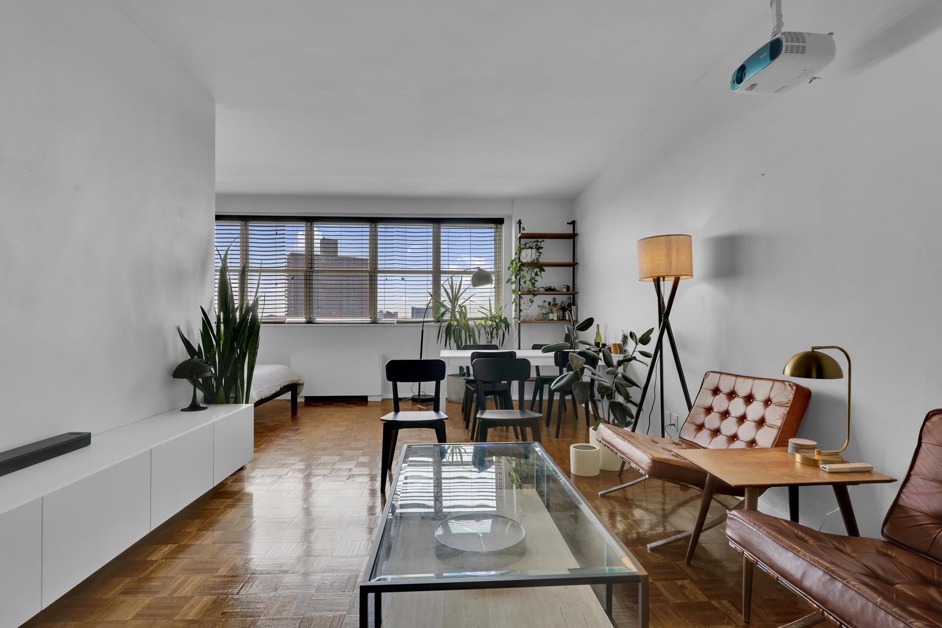 a view of a dining room with furniture and a potted plant