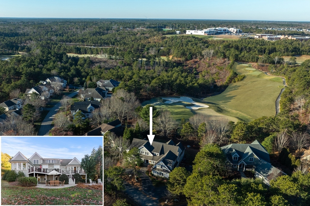 an aerial view of residential houses with outdoor space and trees