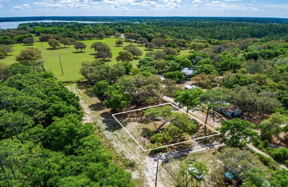 an aerial view of residential houses with outdoor space and trees