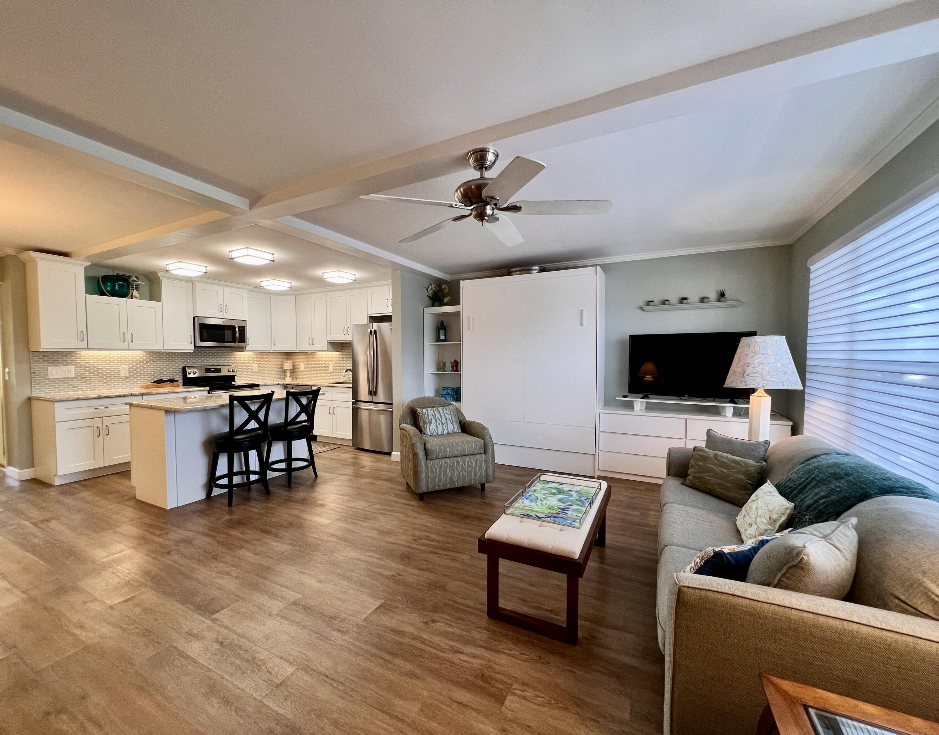 a living room with furniture kitchen view and a potted plant