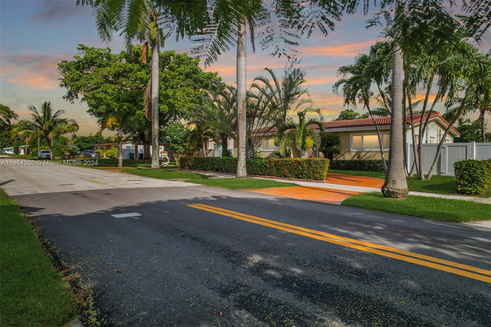 a view of road with palm trees