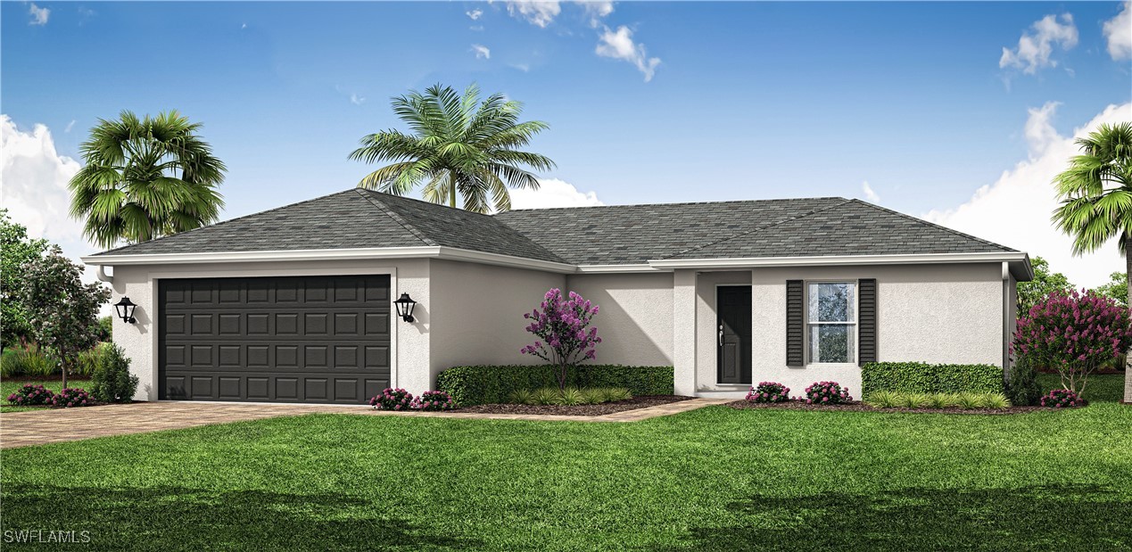 a front view of a house with a garden and garage