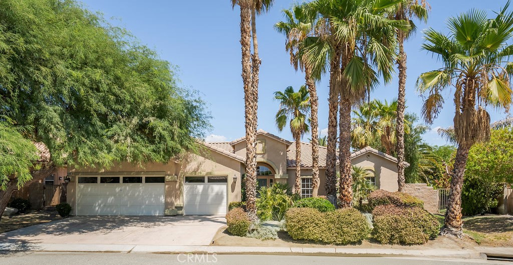 a front view of a house with a yard and palm trees