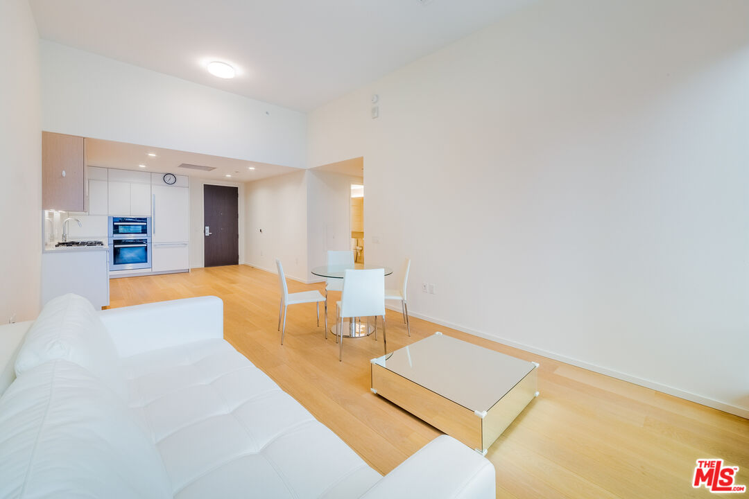 a living room with a couch and potted plant with wooden floor