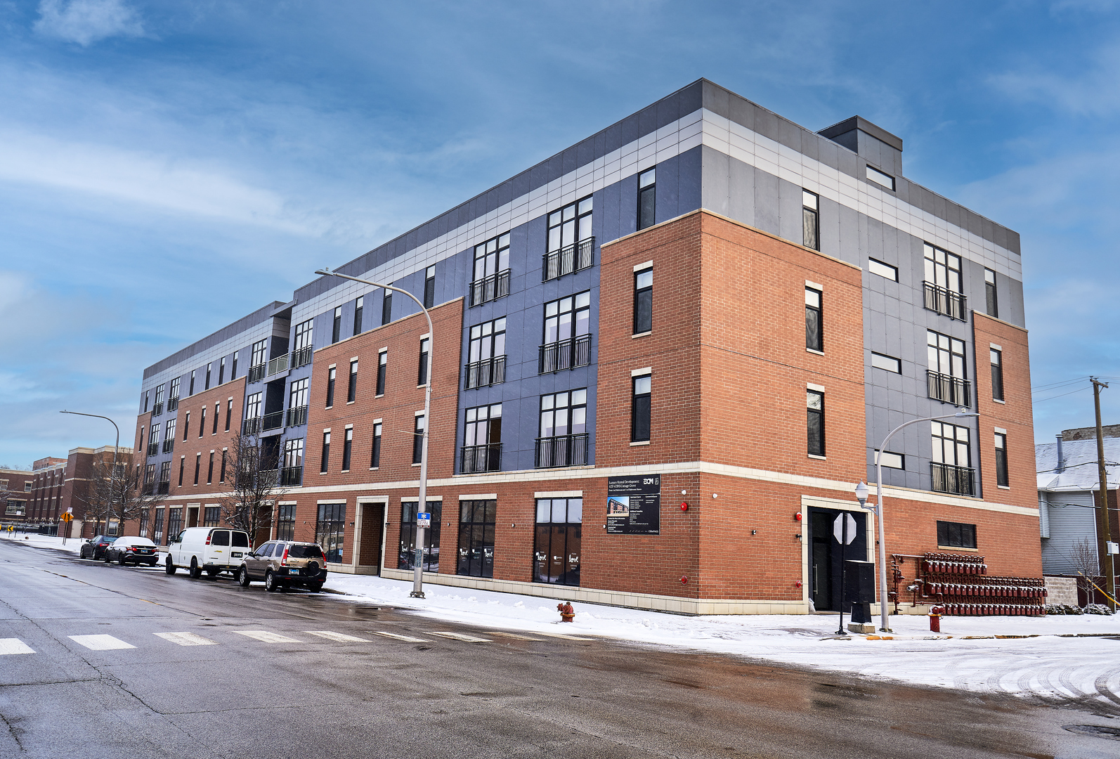 a front view of a building with street view