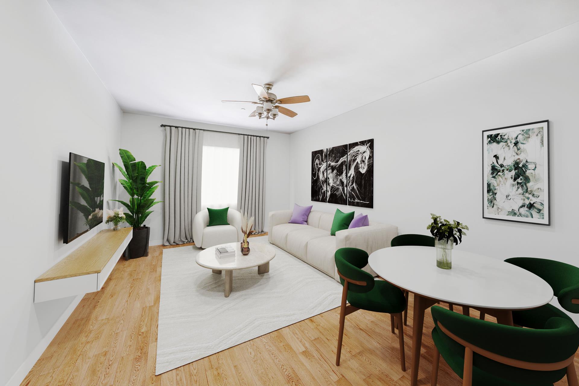 a living room with furniture a large window and a flat screen tv