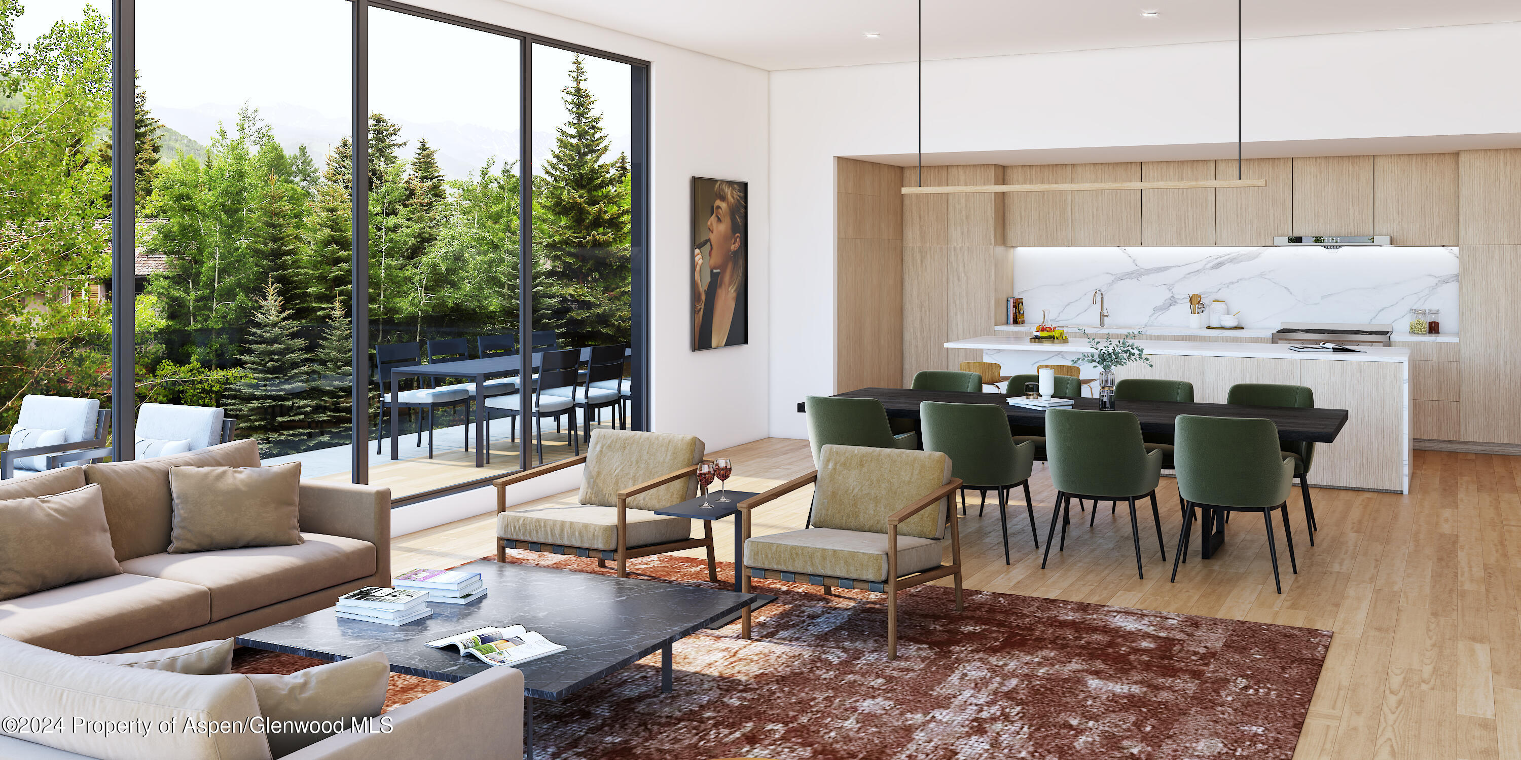 a living room with furniture wooden floor and a table