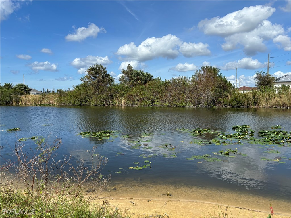 a view of a lake with a yard