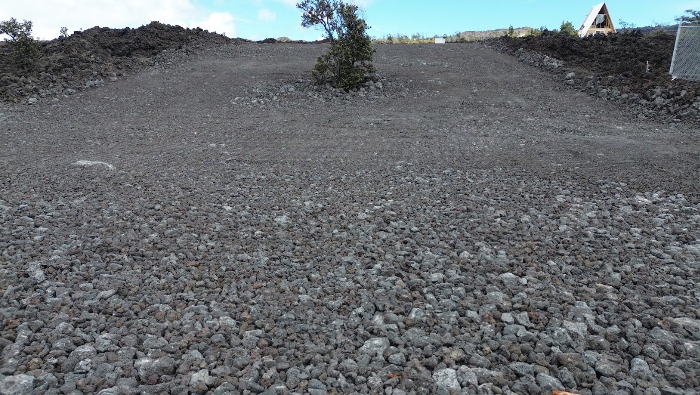 a view of a dry yard with trees in the background