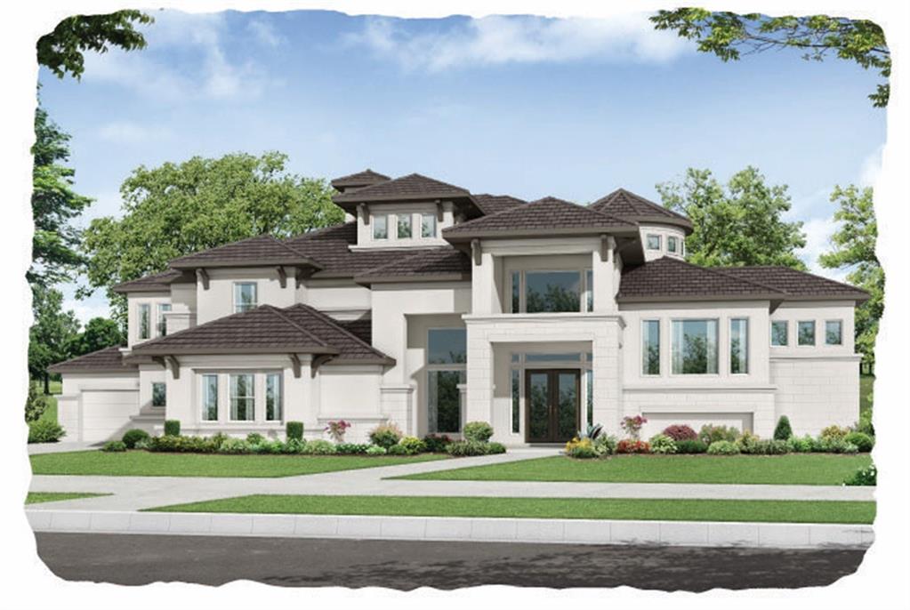 Sensational stucco Elevation Fedrick Harris Estate Homes GRAND VILLA VECCHIO Plan. This rendering exudes luxury at it's finest. This impressive residence boasts 5 Bedrooms, 6.5 Bathrooms, and a 4-car Garage on a cul-de-sac lot with a wonderful waterfront view.