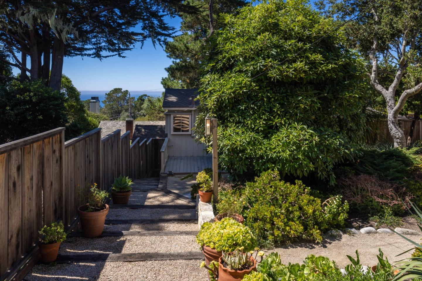 a view of a garden with wooden fence