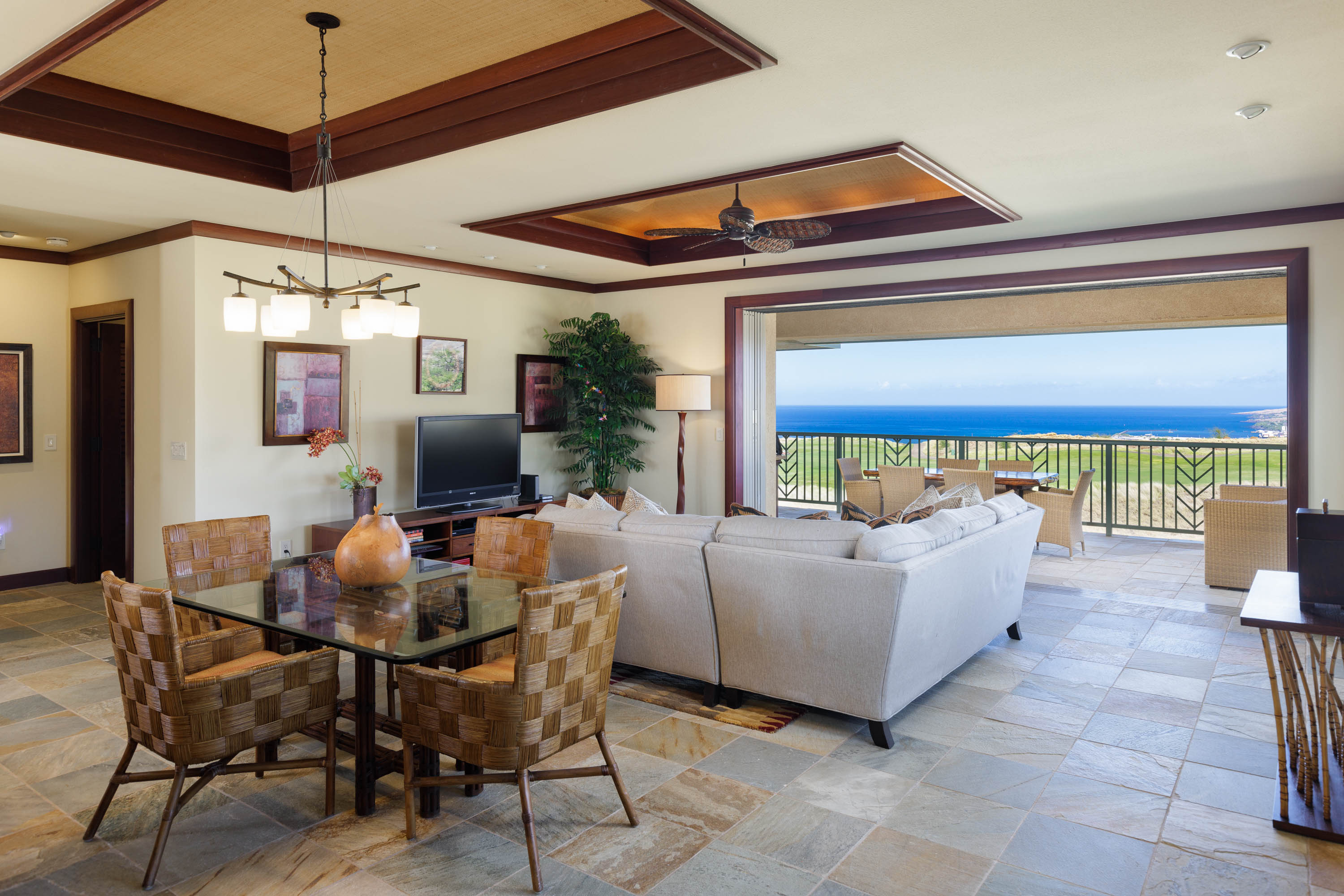 Enjoy magnificent views of the blue Pacific and Hapuna golf course