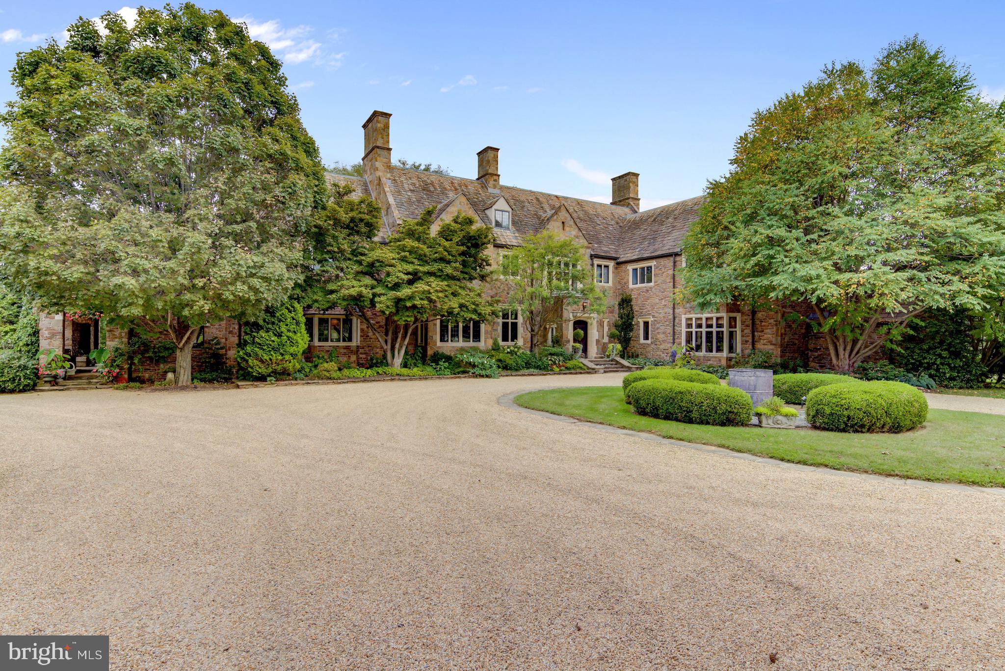 a view of a house with a big yard and potted plants and large trees