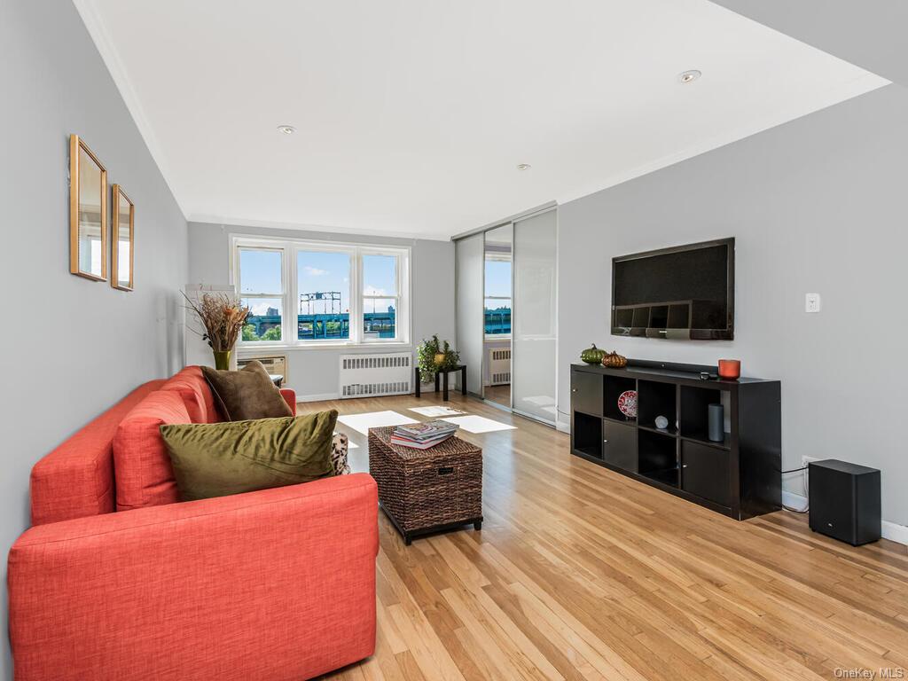 Living room featuring light hardwood / wood-style floors, ornamental molding, and radiator heating unit