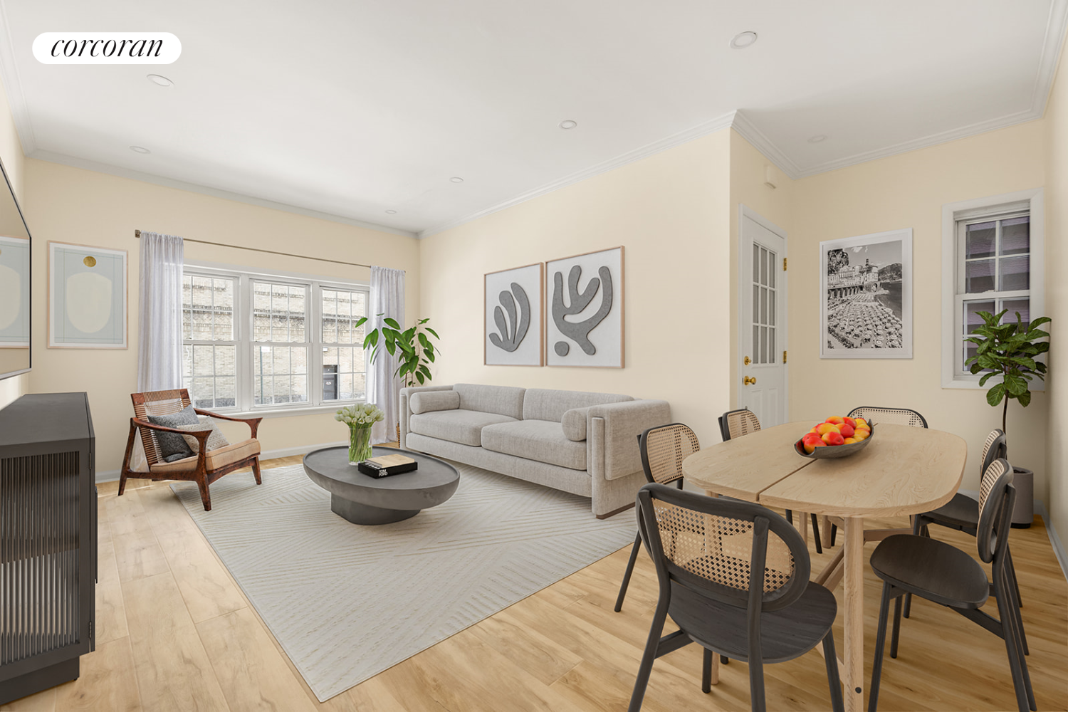 a living room with furniture and a potted plant