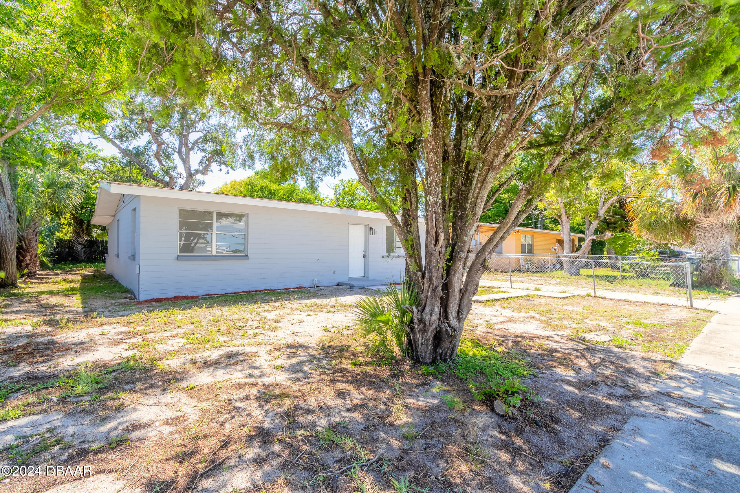 a view of a house with backyard and a tree