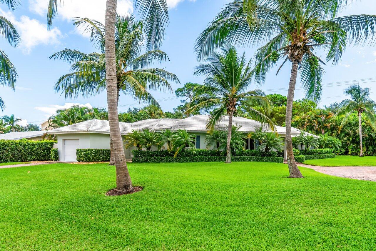 a view of a white house with a big yard and palm trees