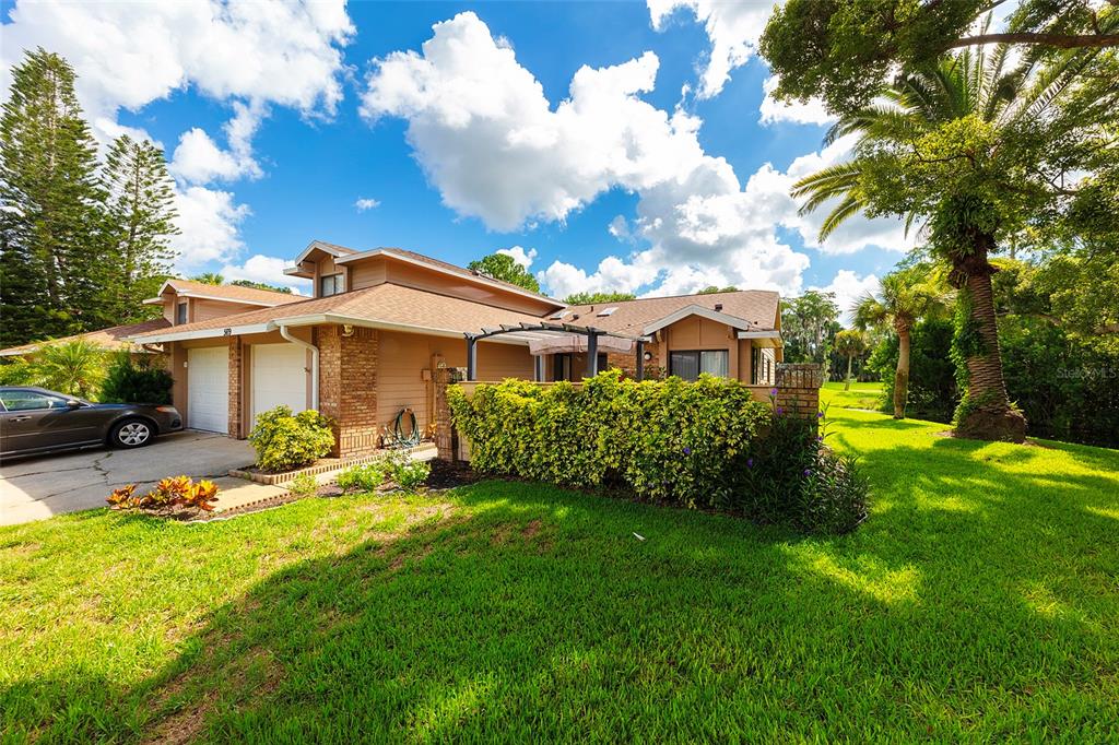 a view of a house with a big yard potted plants and large tree