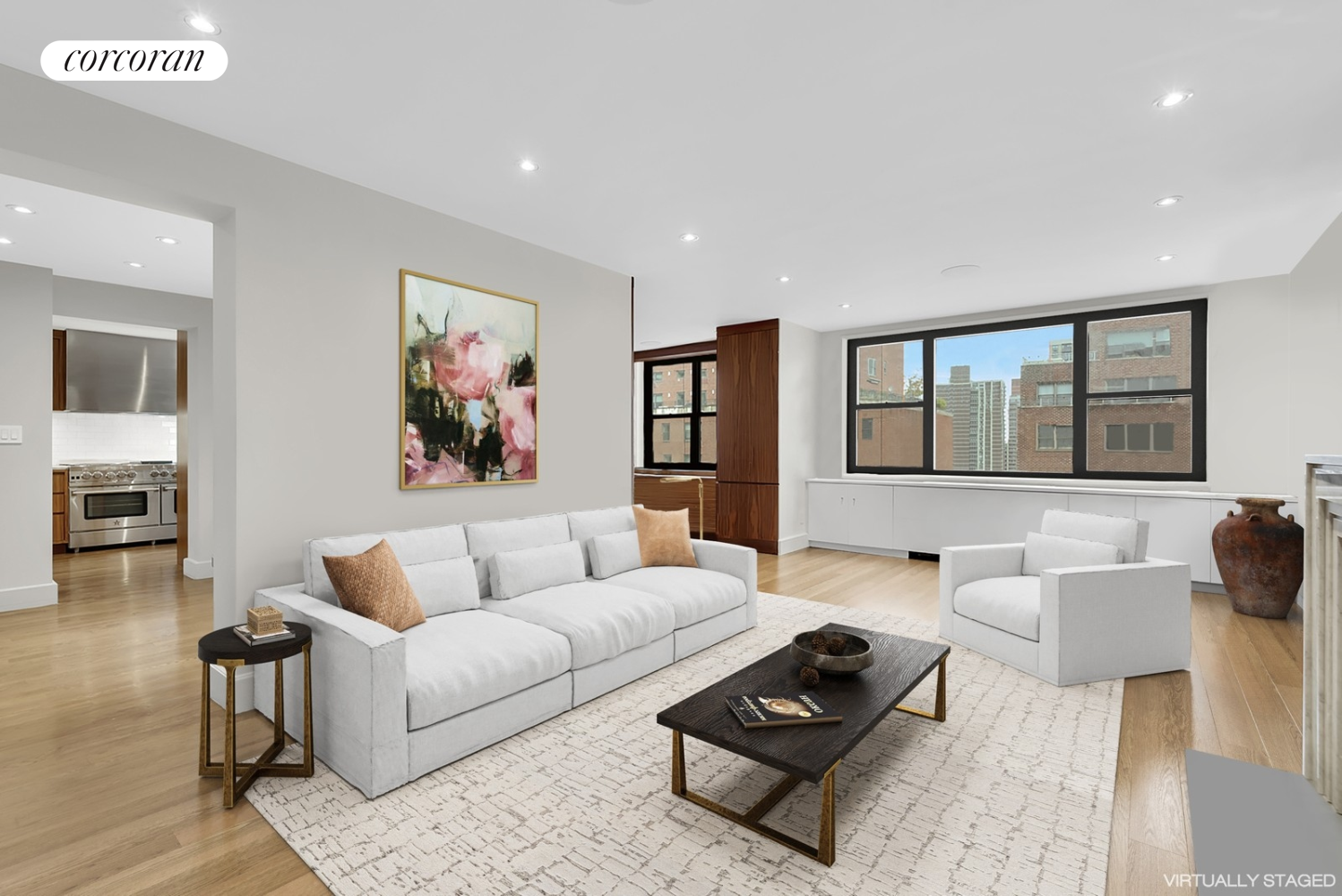 a living room with furniture a rug and a painting on the wall