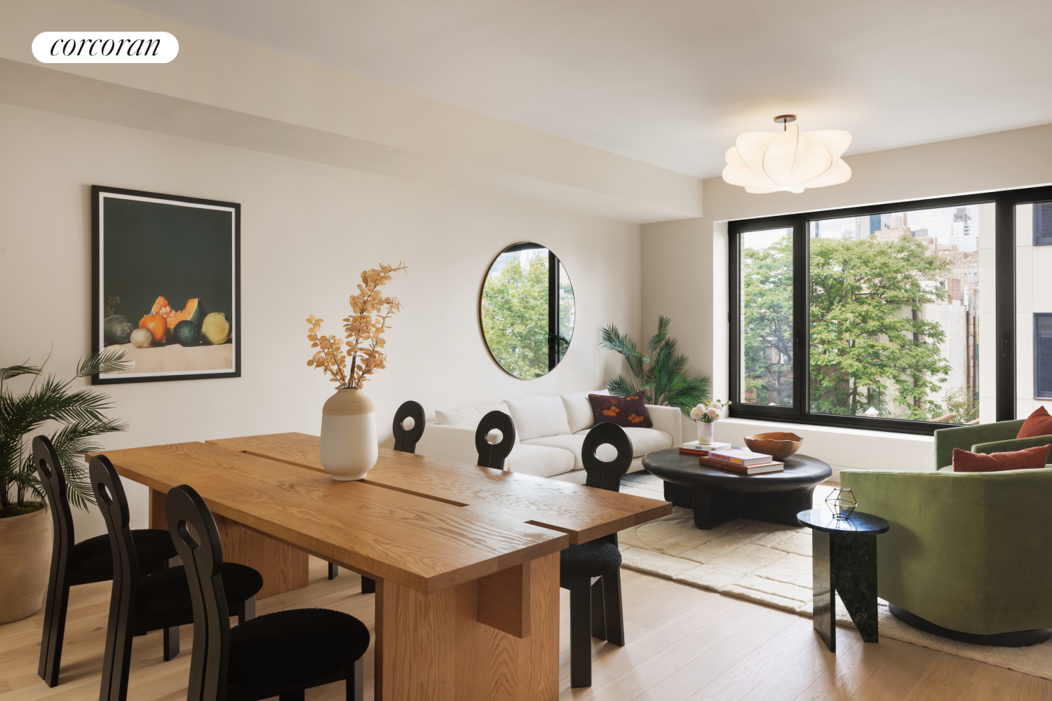 a view of a dining room with furniture window and outside view