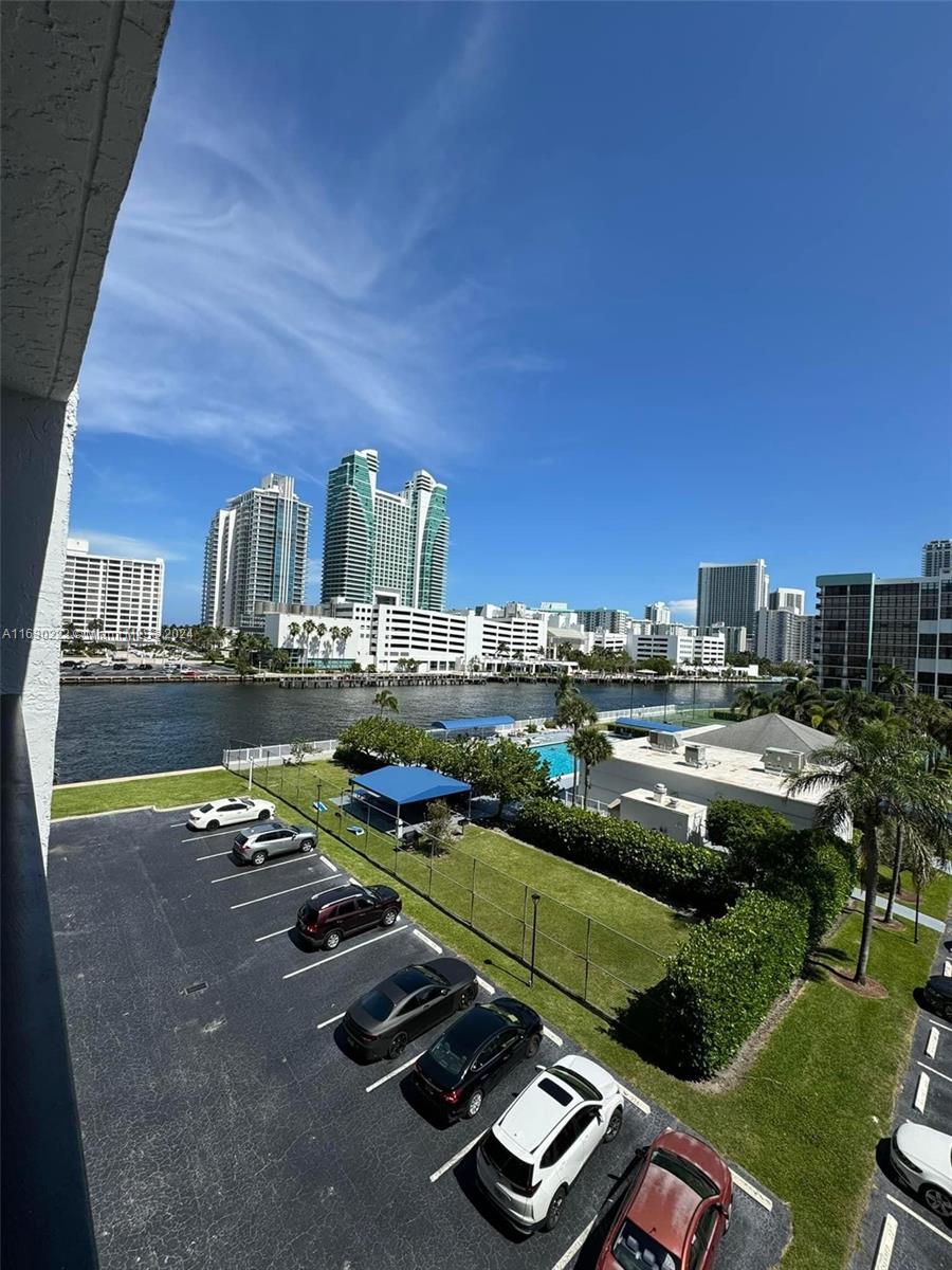 a view of a city from a patio