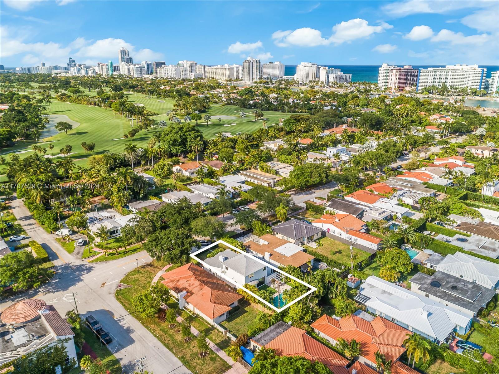 an aerial view of residential houses with outdoor space and trees