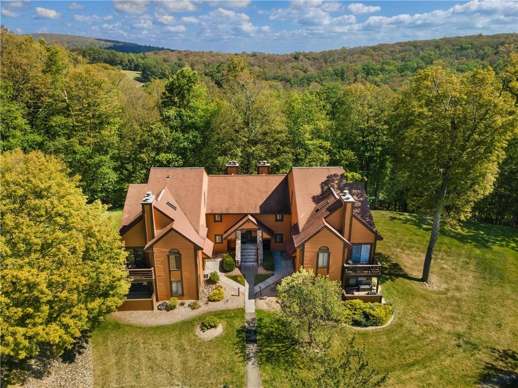 an aerial view of a house with a garden