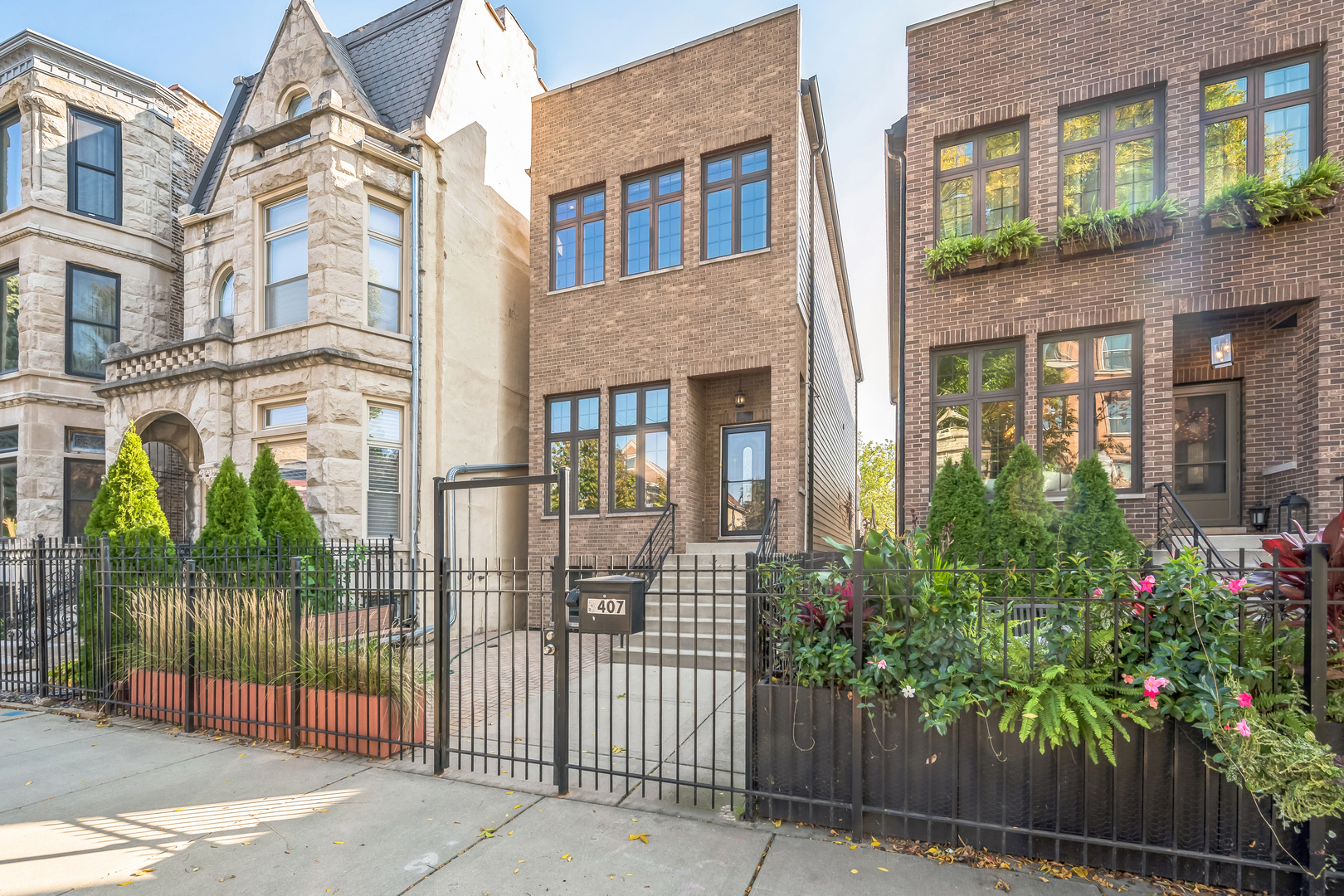 a view of a brick house many windows