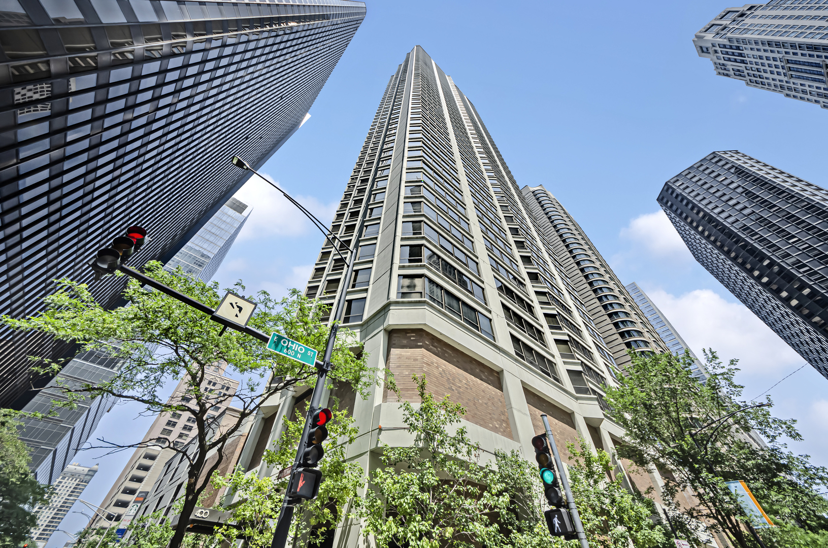 an aerial view of a multi story building