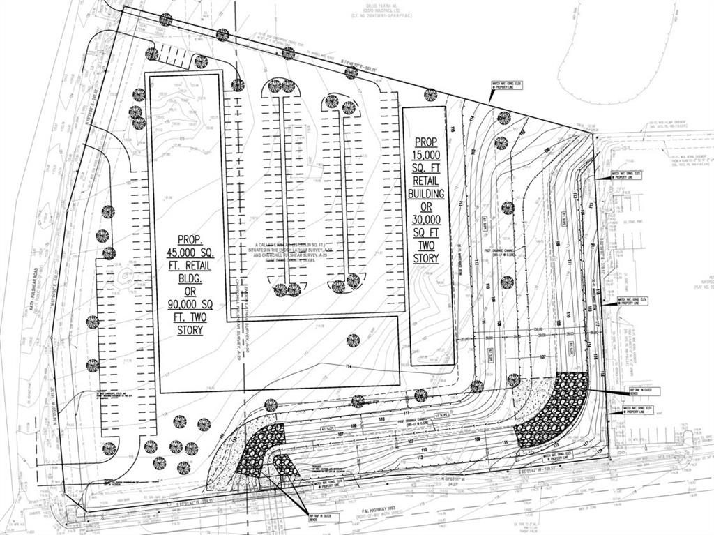 This is just one example of what could be done on this site. This superb location offers high visibility from FM 1093 and two access driveways off of Fulshear/Katy Road. It also allows 60,000 to 90,000 square feet of finished space. Importantly, it also meets drainage and detention detention requirements.