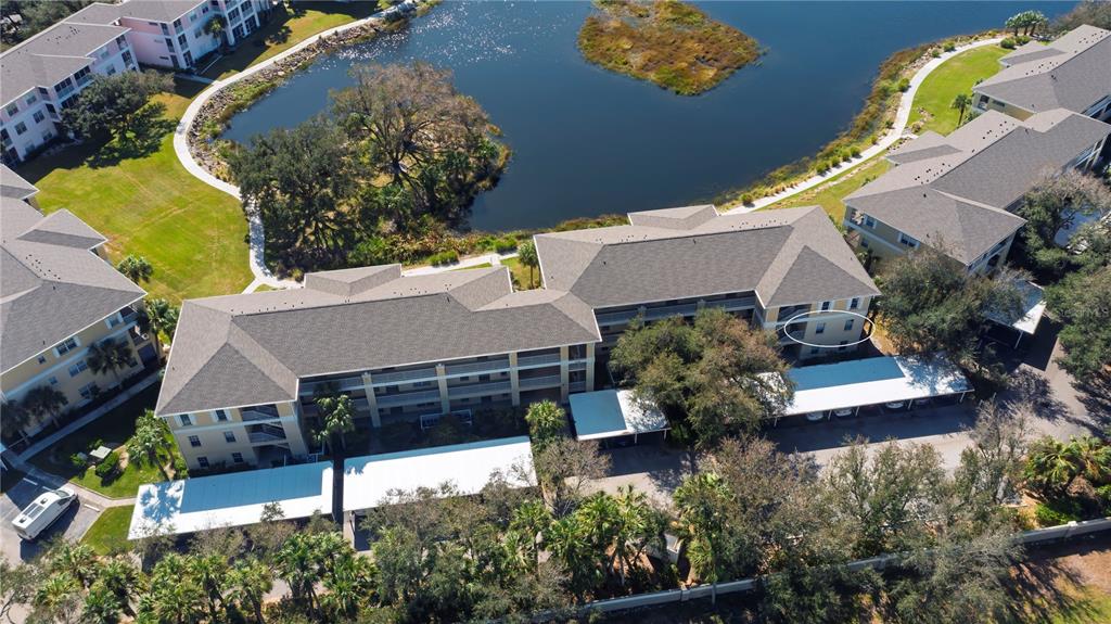 an aerial view of a house with a yard and large trees