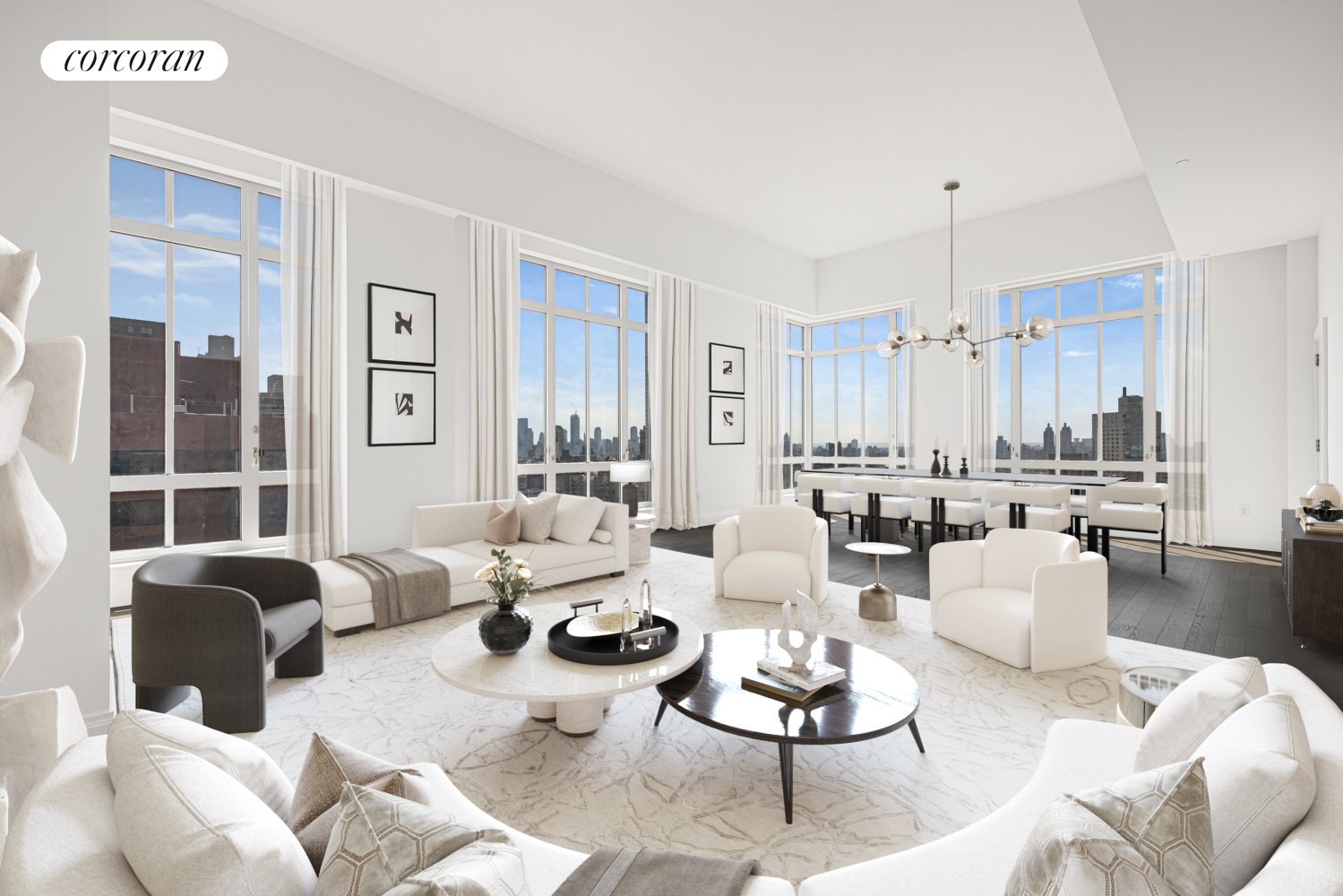 a living room with furniture kitchen view and large windows